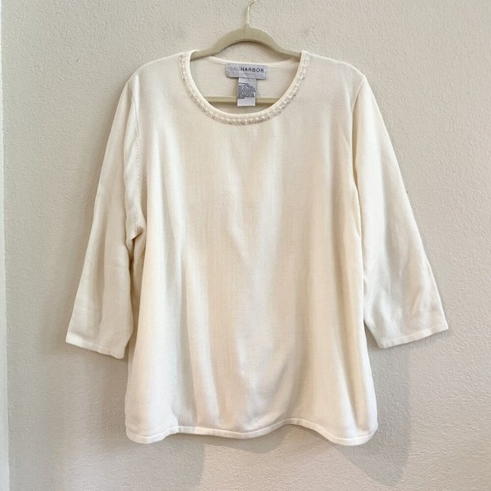 Sag‎ Harbor 2X Off White Beaded Neck 3/4 Sleeve Sweater NWT MRSP $44